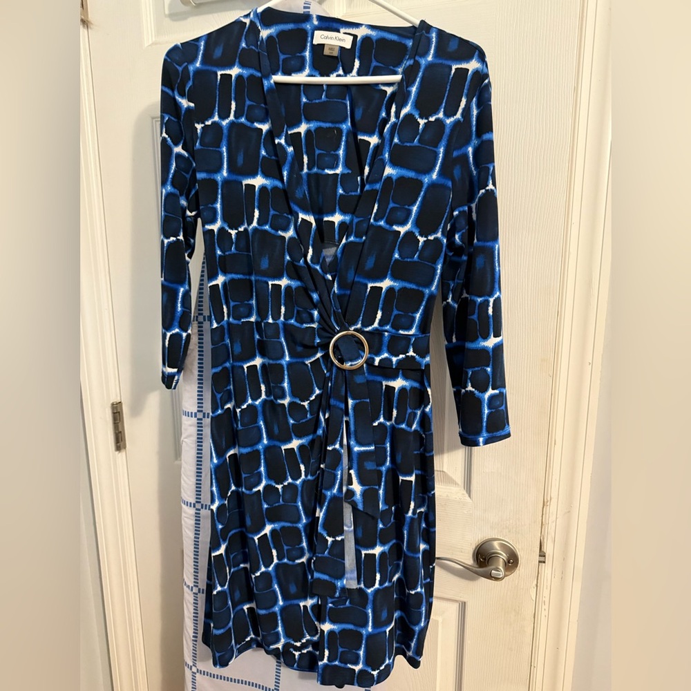 Calvin Klein Blue and Black Patterned Long Sleeve Dress